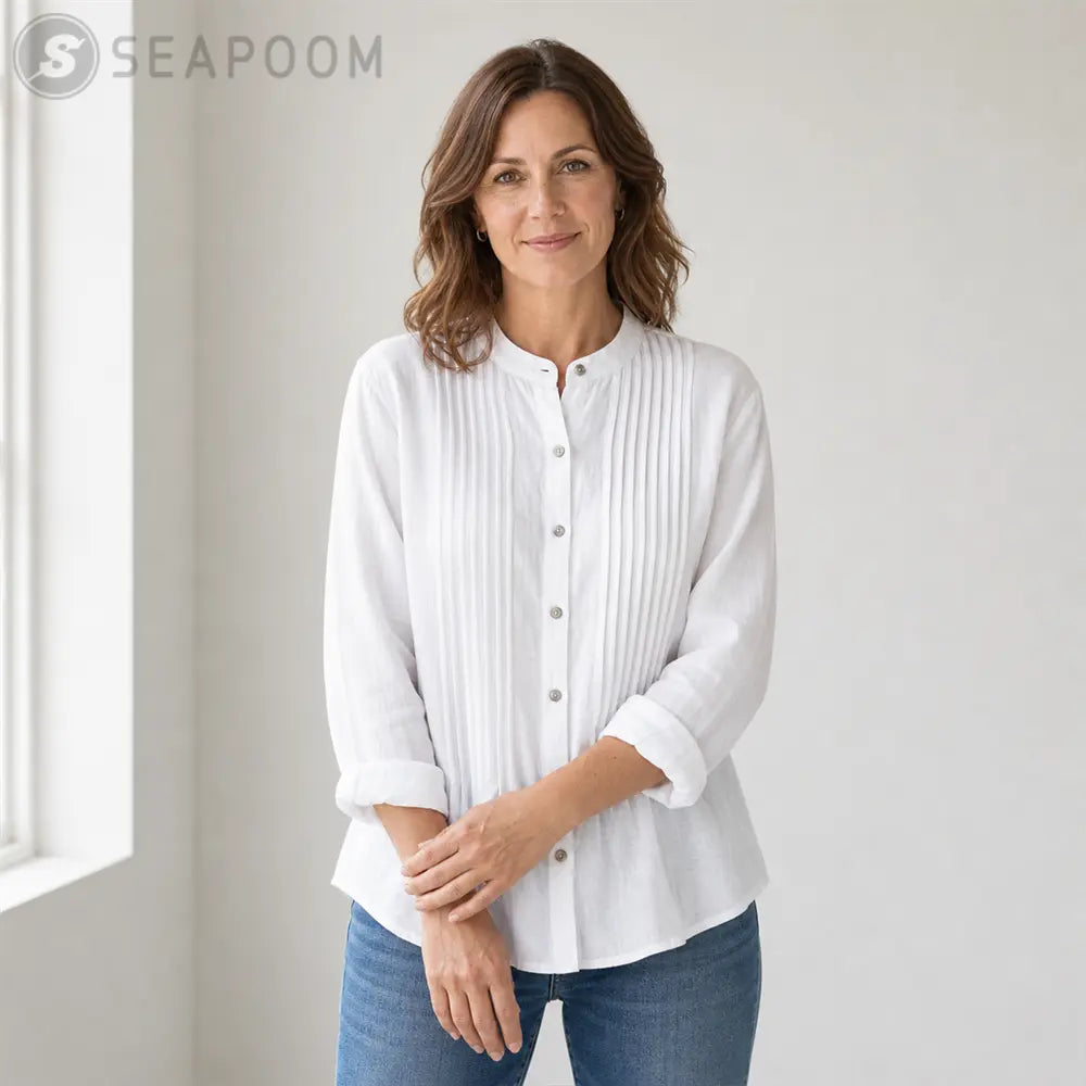 Seapoom Women’s Cotton Button Front Pintuck Blouse