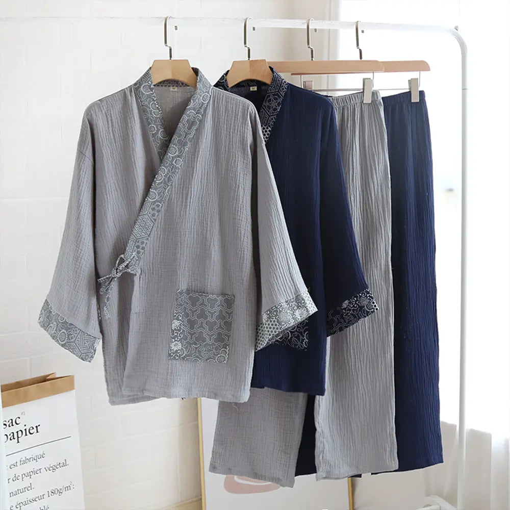 Japanese Cotton Samue Lounge Set - Kimono-Style Wrap Top & Relaxed Pants