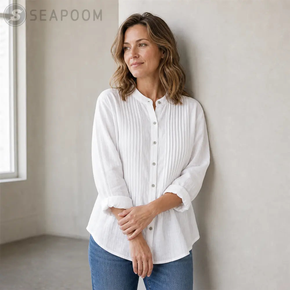Seapoom Women’s Cotton Button Front Pintuck Blouse