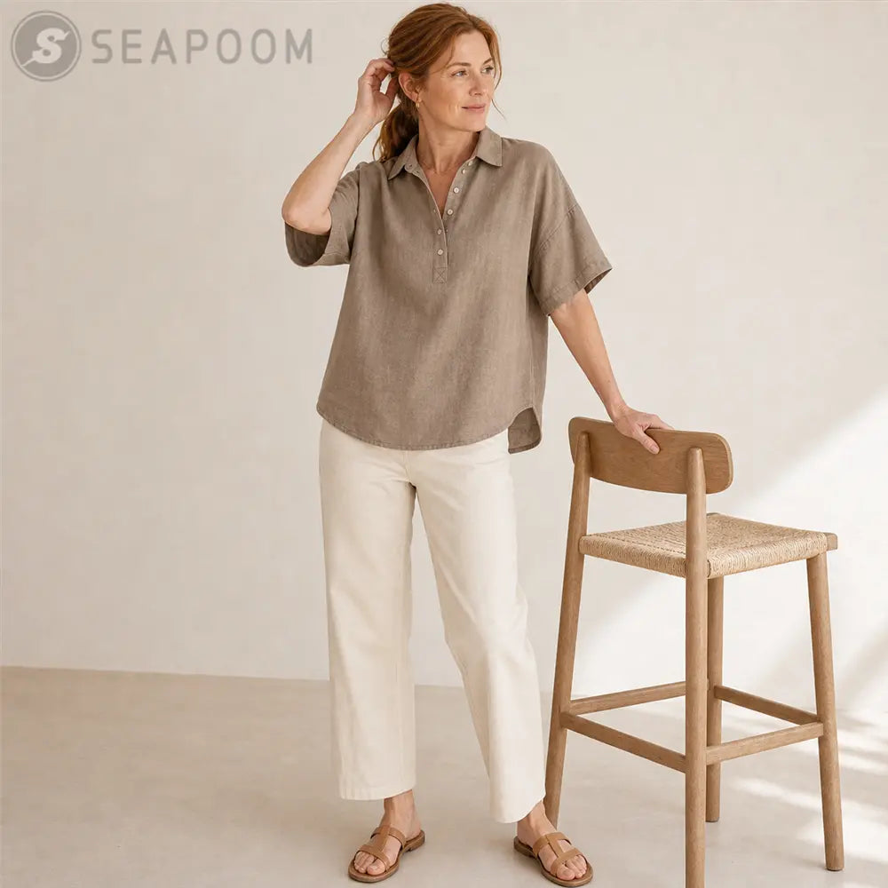 Seapoom Women’s Linen Short Sleeve Polo Top
