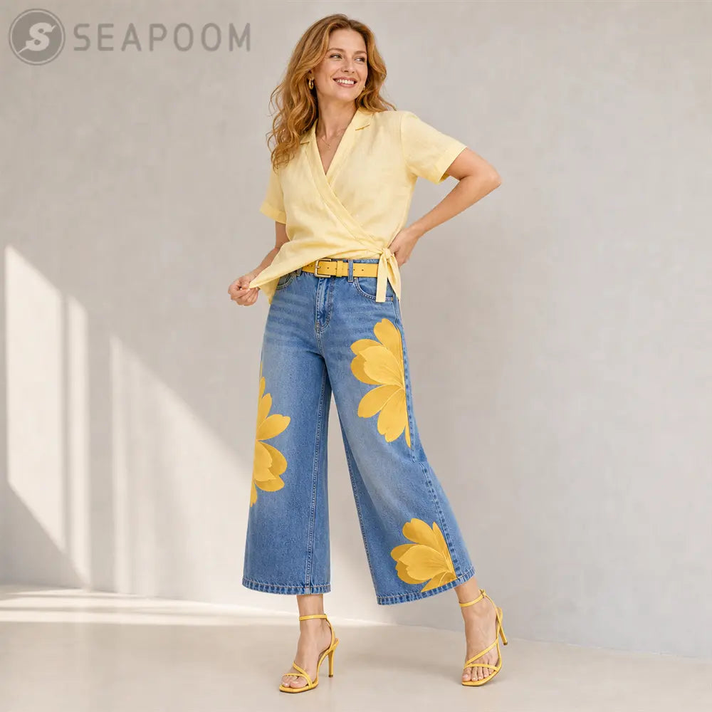 Seapoom Women’s Floral Print Cropped Wide Leg Jeans