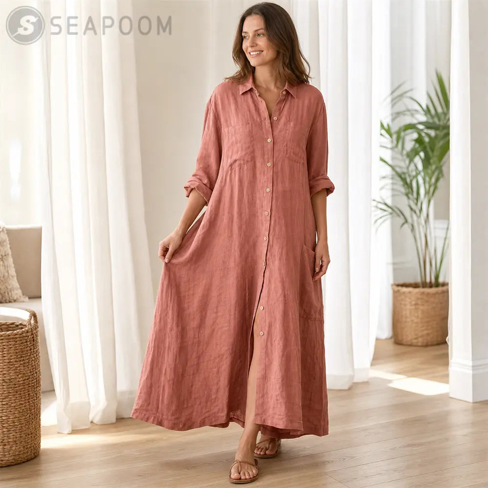 Seapoom Women’s Cotton Linen Button-Down Maxi Shirt Dress with Pockets