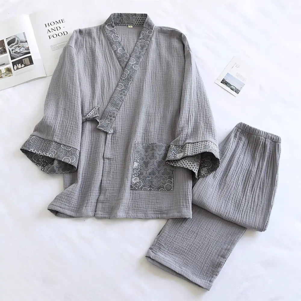 Japanese Cotton Samue Lounge Set - Kimono-Style Wrap Top & Relaxed Pants