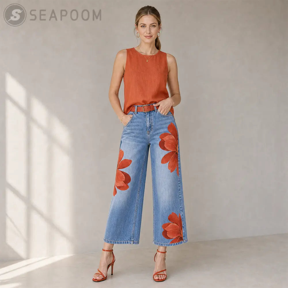 Seapoom Women’s Floral Print Cropped Wide Leg Jeans