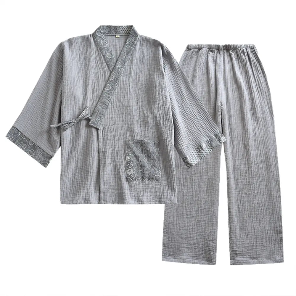 Japanese Cotton Samue Lounge Set - Kimono-Style Wrap Top & Relaxed Pants