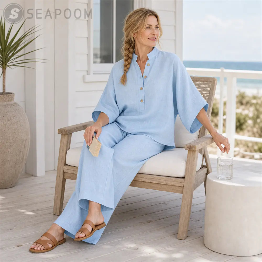 Seapoom Women’s Cotton Linen Two Piece Set - Relaxed Short Sleeve Top & Wide Leg Pants