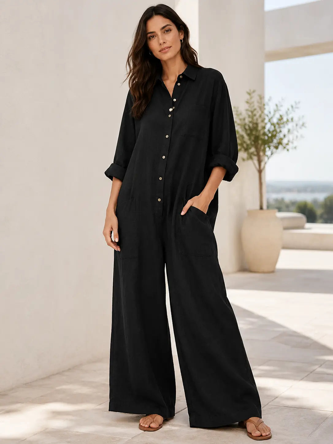 Seapoom Women’s Cotton Linen Button-Down Maxi Shirt Dress with Pockets