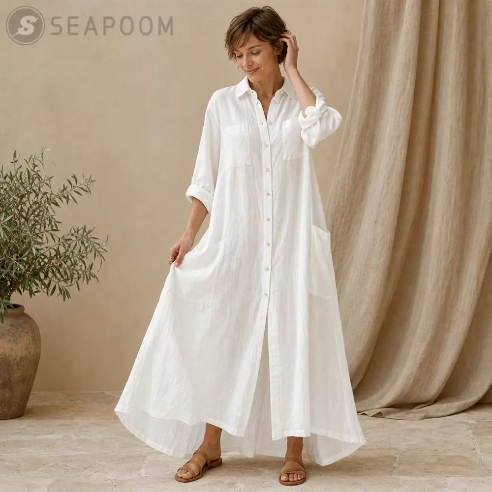 Seapoom Women’s Cotton Linen Button-Down Maxi Shirt Dress with Pockets