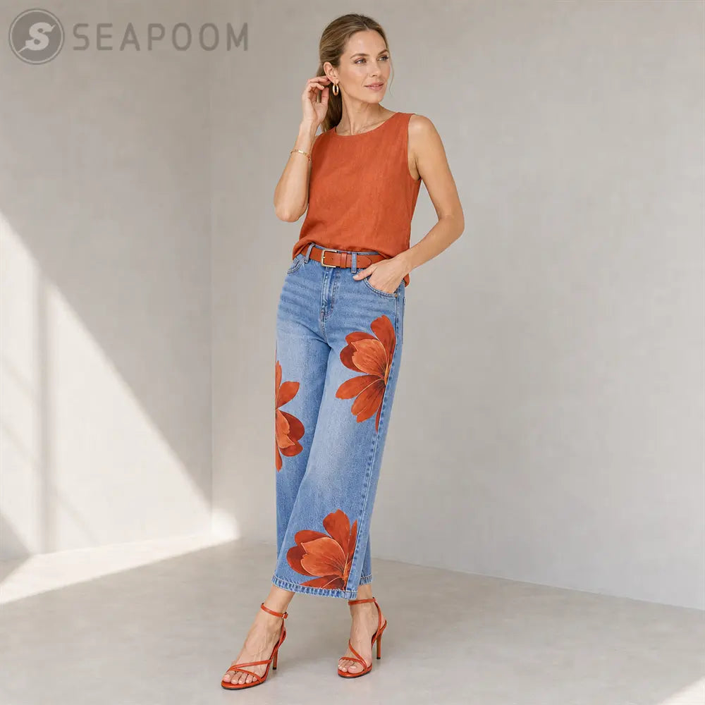 Seapoom Women’s Floral Print Cropped Wide Leg Jeans