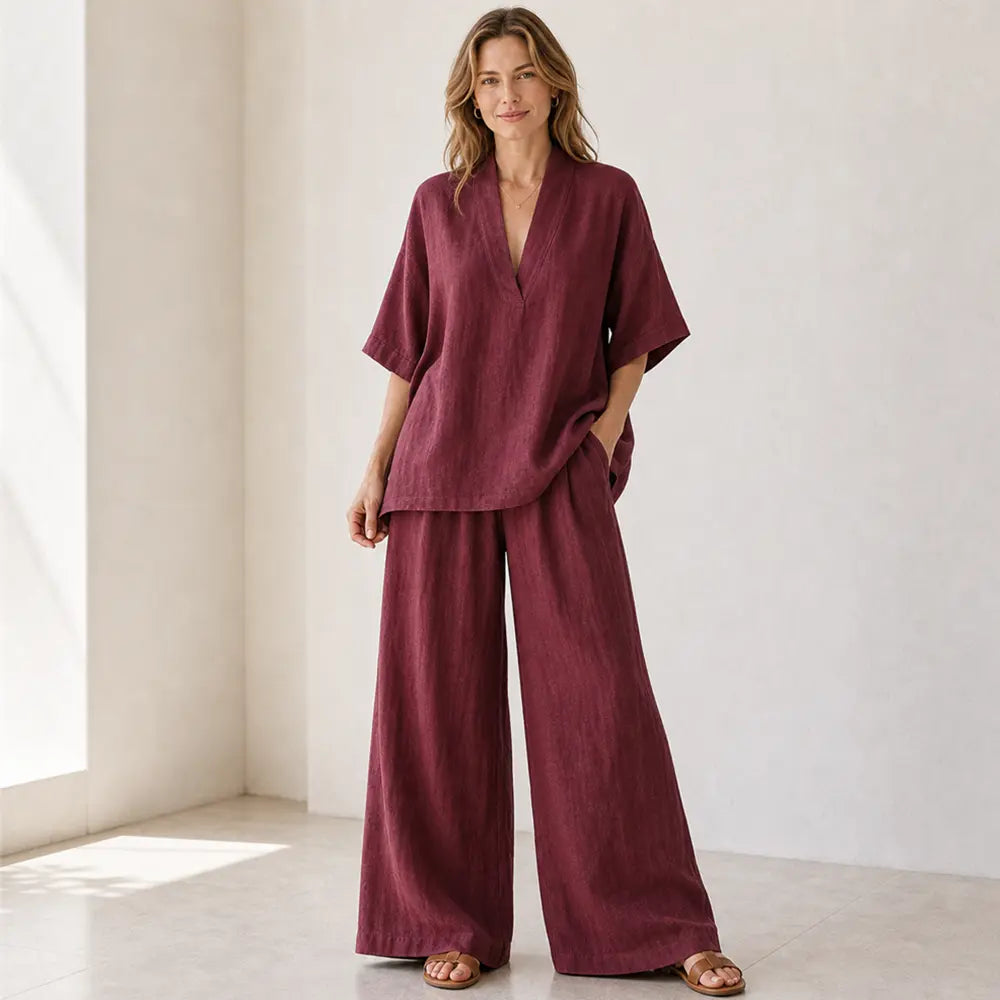 Seapooom Women’s Linen Two Piece Set - V Neck Loose Top and Wide Leg Pants