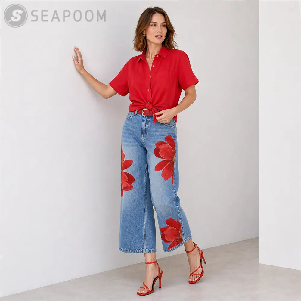 Seapoom Women’s Floral Print Cropped Wide Leg Jeans