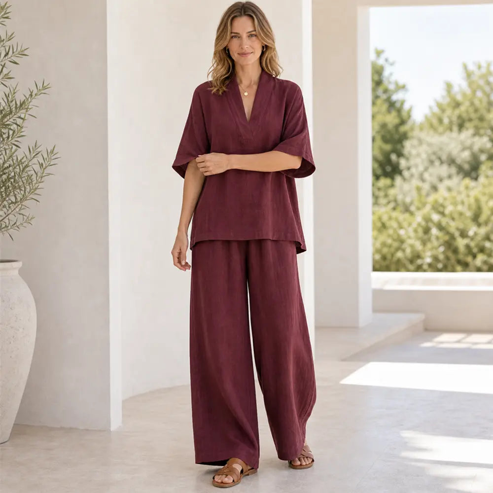 Seapooom Women’s Linen Two Piece Set - V Neck Loose Top and Wide Leg Pants