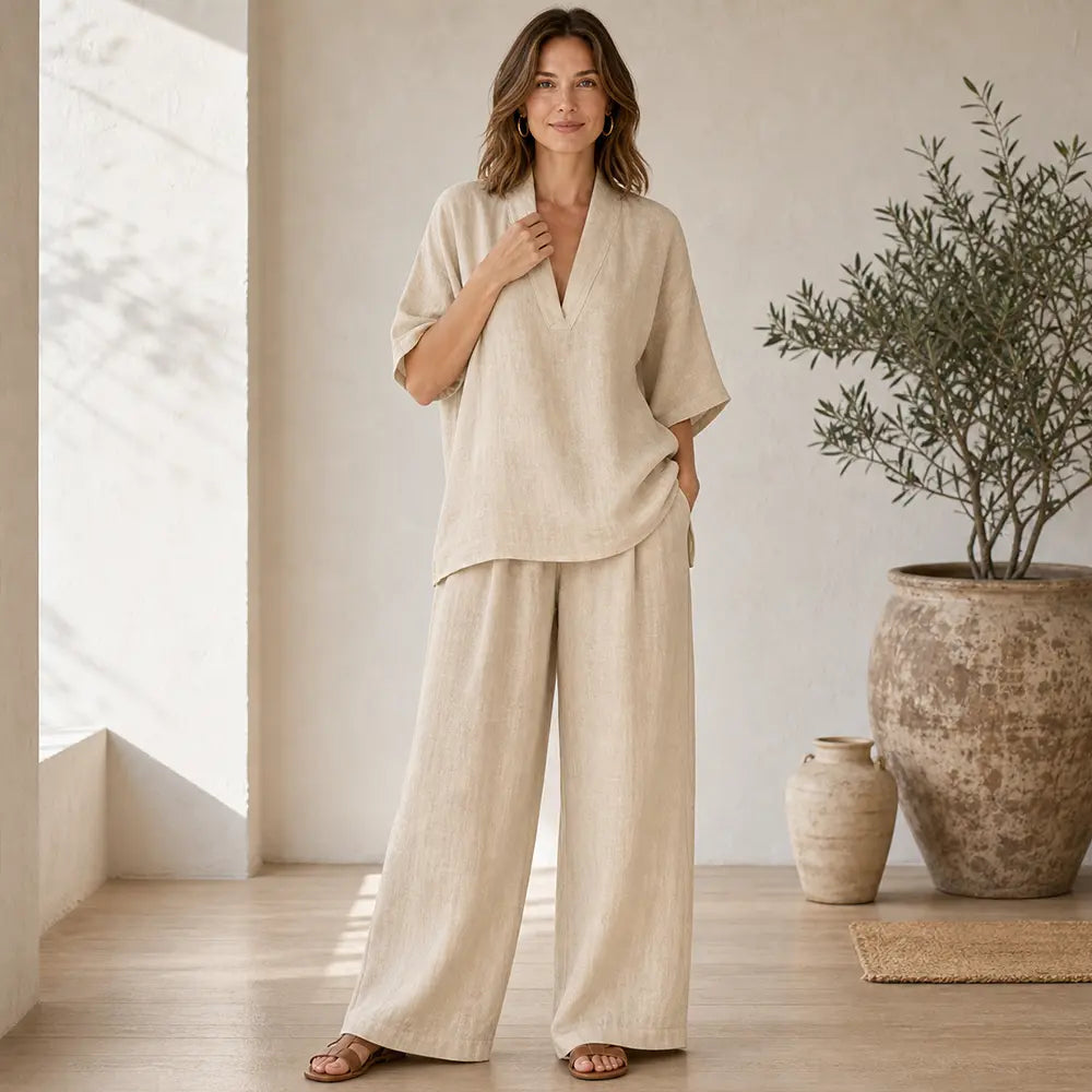 Seapooom Women’s Linen Two Piece Set - V Neck Loose Top and Wide Leg Pants