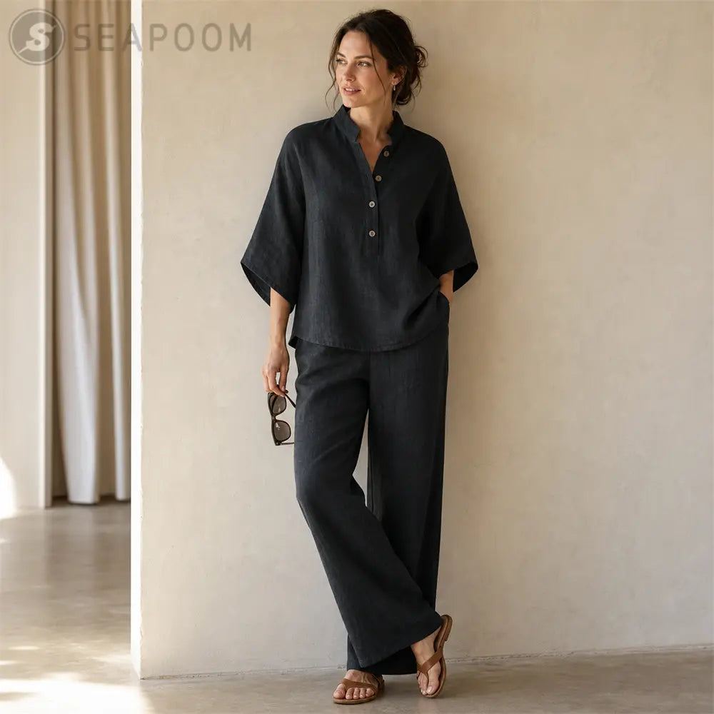 Seapoom Women’s Cotton Linen Two Piece Set - Relaxed Short Sleeve Top & Wide Leg Pants