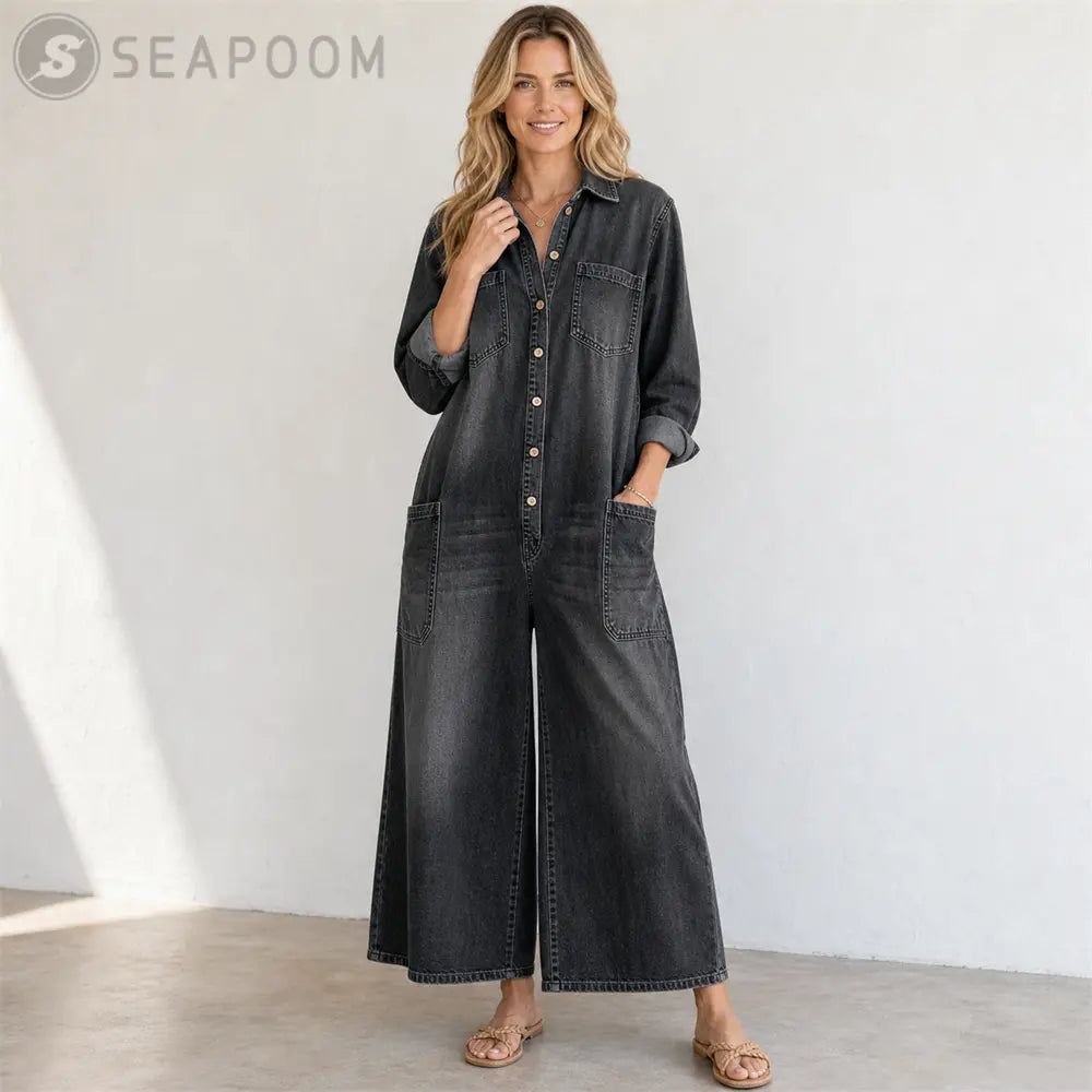 Seapoom Women’s Casual Denim Wide-Leg Jumpsuit with Pockets