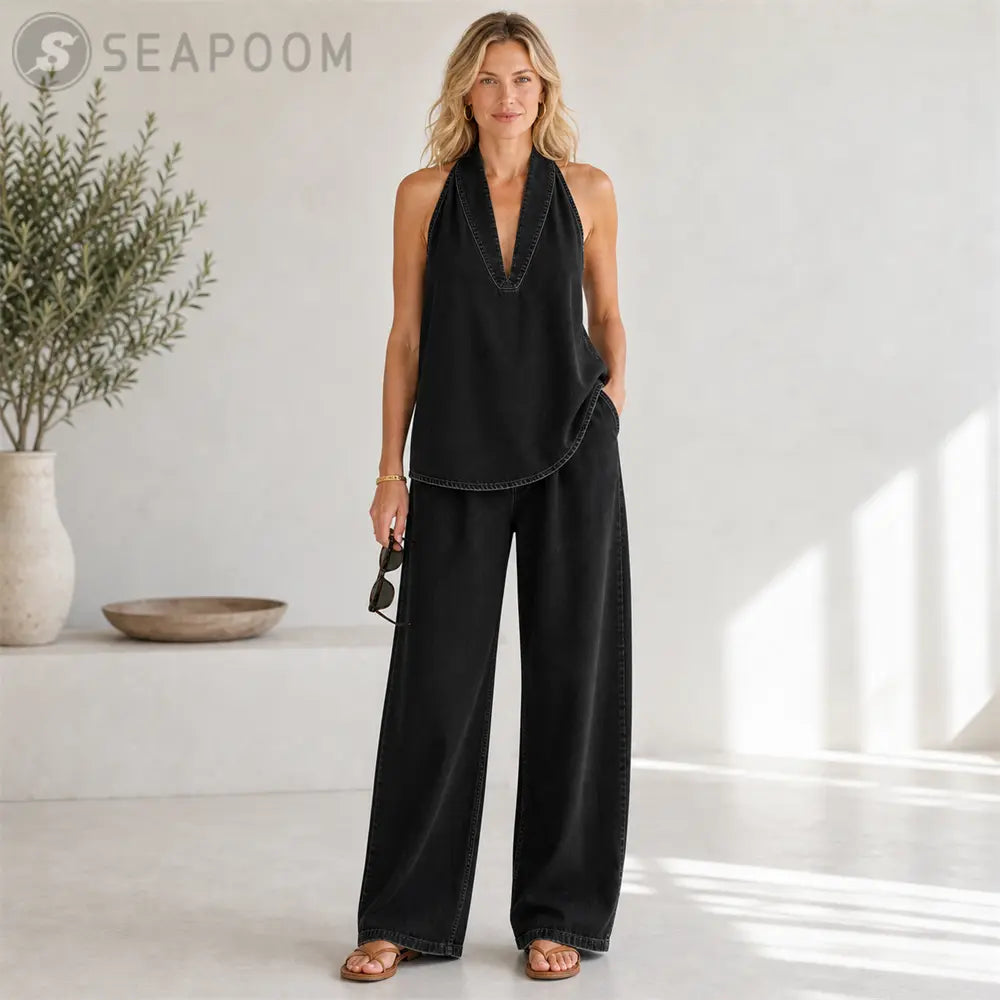 Seapoom Women's Denim Cotton Halter V-Neck Two Piece Set