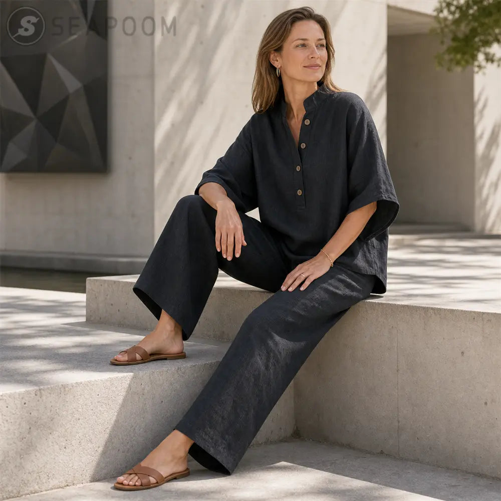 Seapoom Women’s Cotton Linen Two Piece Set - Relaxed Short Sleeve Top & Wide Leg Pants