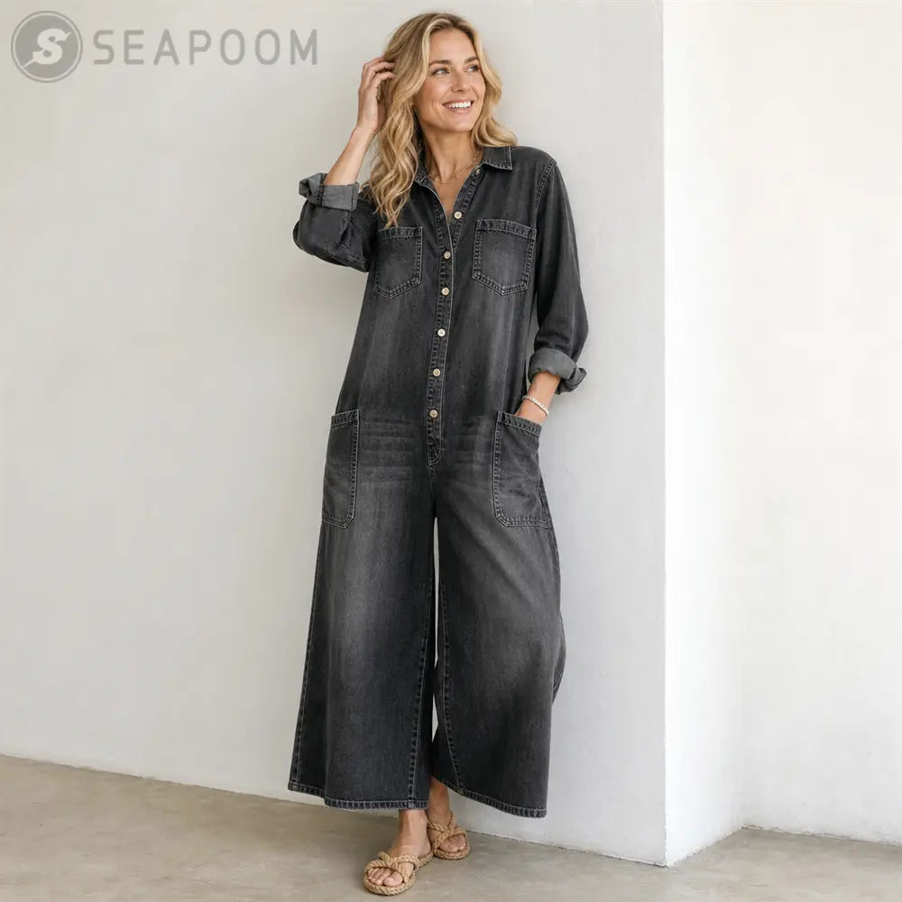 Seapoom Women’s Casual Denim Wide-Leg Jumpsuit with Pockets