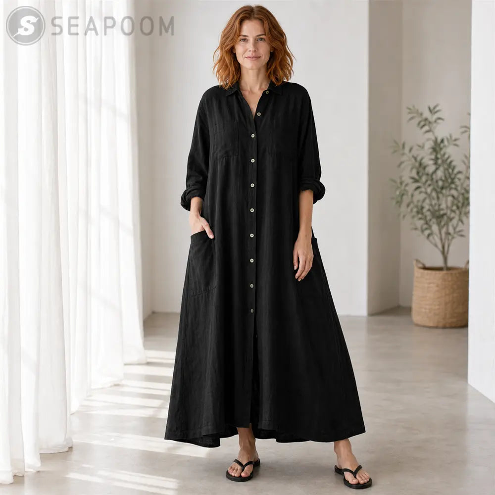 Seapoom Women’s Cotton Linen Button-Down Maxi Shirt Dress with Pockets