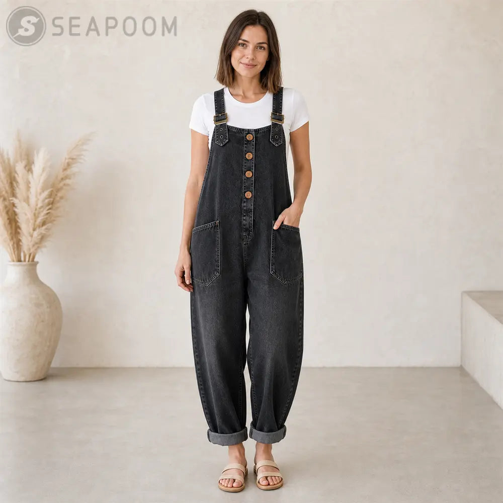 Seapoom Women’s Loose Denim Overall Jumpsuit with Pockets