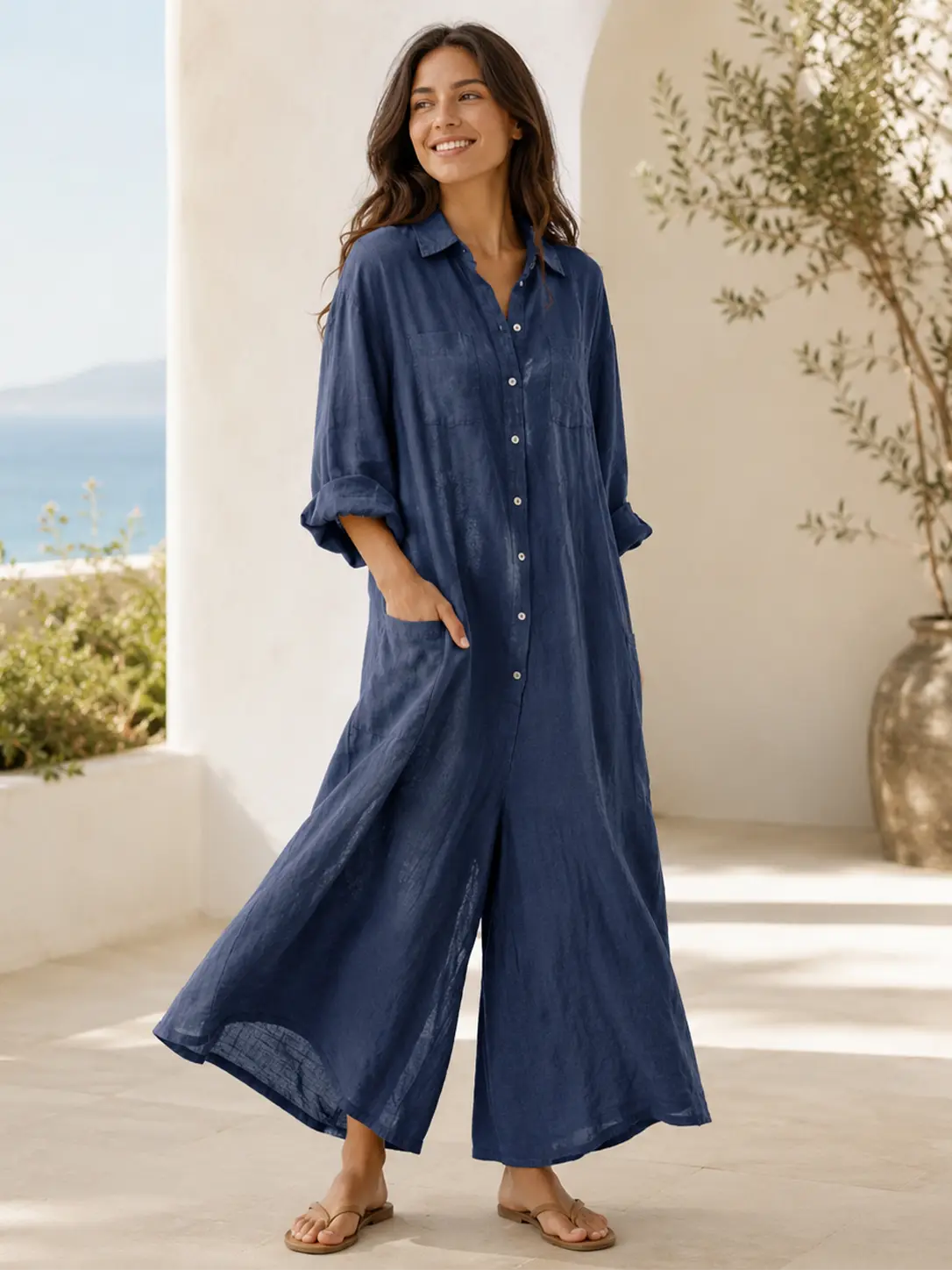 Seapoom Women’s Cotton Linen Button-Down Maxi Shirt Dress with Pockets