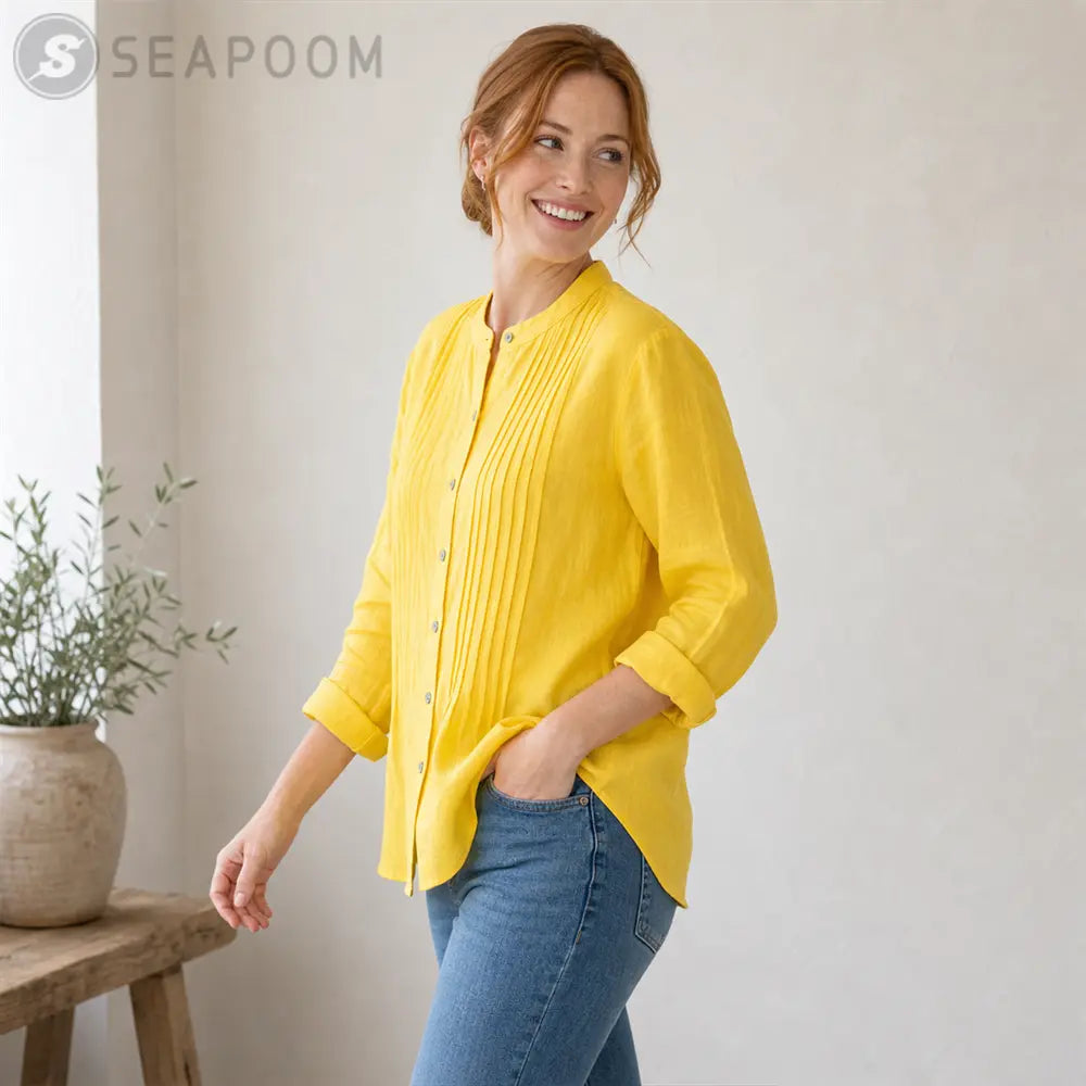 Seapoom Women’s Cotton Button Front Pintuck Blouse