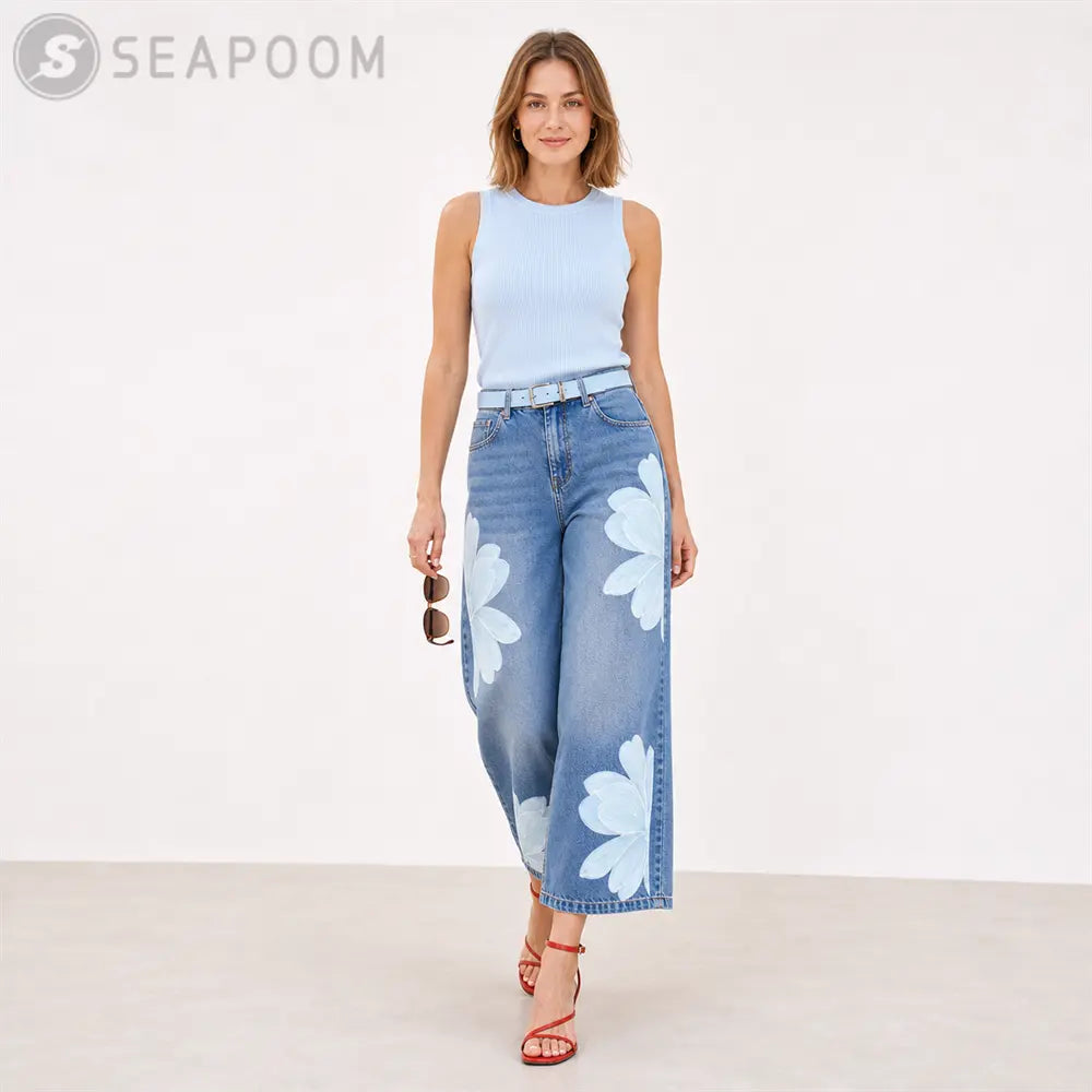 Seapoom Women’s Floral Print Cropped Wide Leg Jeans