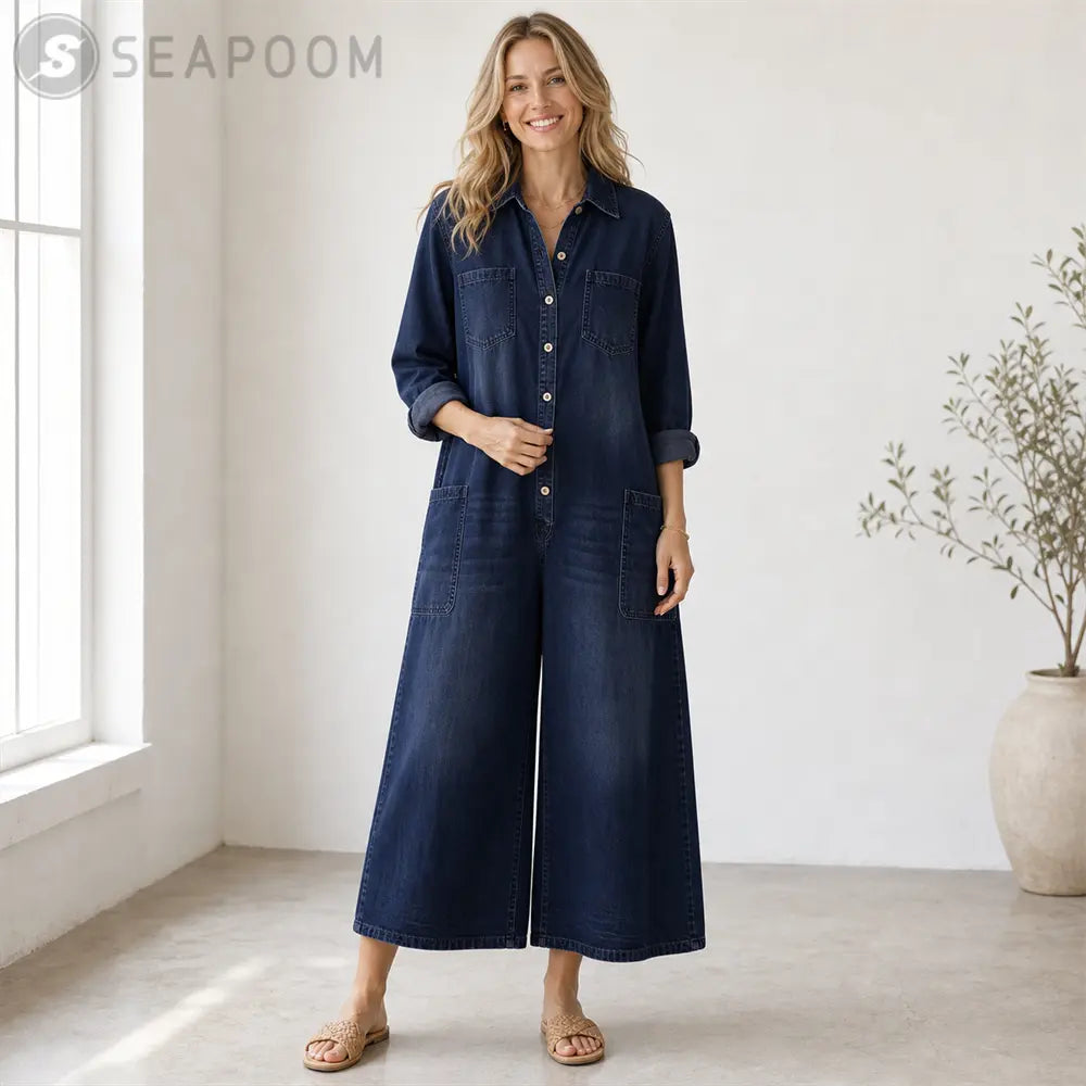 Seapoom Women’s Casual Denim Wide-Leg Jumpsuit with Pockets