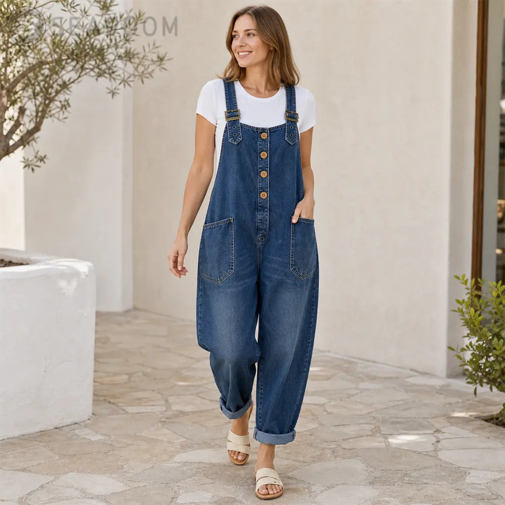 Seapoom Women’s Loose Denim Overall Jumpsuit with Pockets