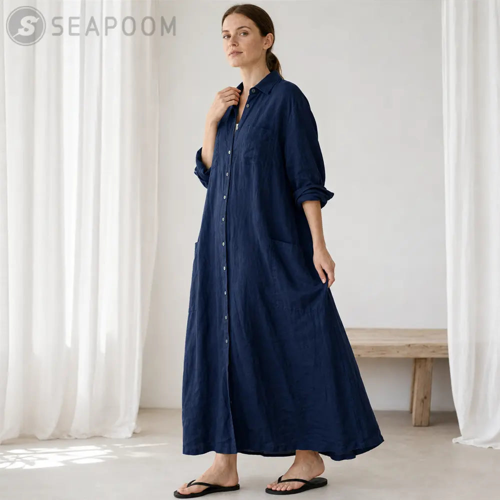 Seapoom Women’s Cotton Linen Button-Down Maxi Shirt Dress with Pockets