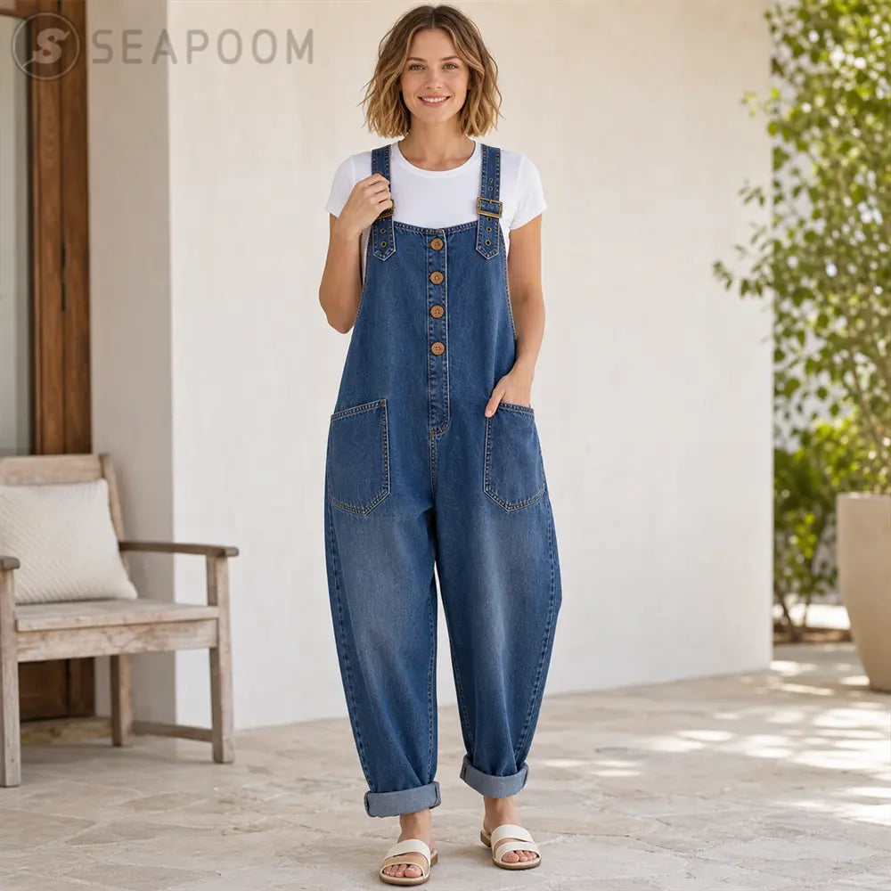 Seapoom Women’s Loose Denim Overall Jumpsuit with Pockets