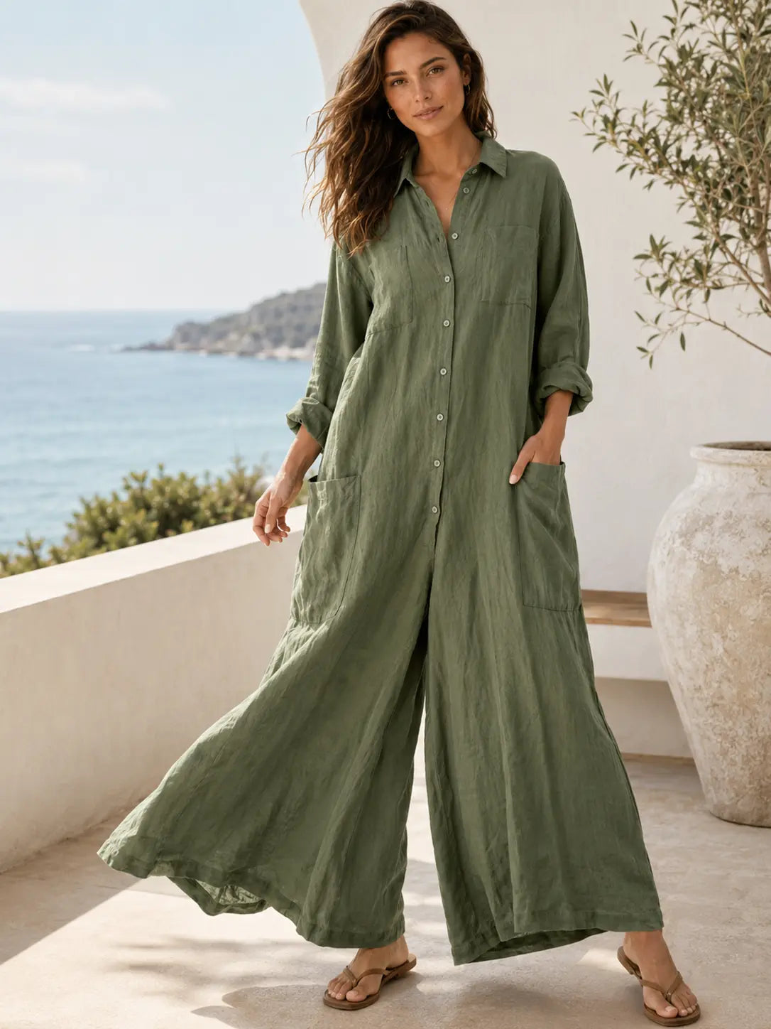 Seapoom Women’s Cotton Linen Button-Down Maxi Shirt Dress with Pockets