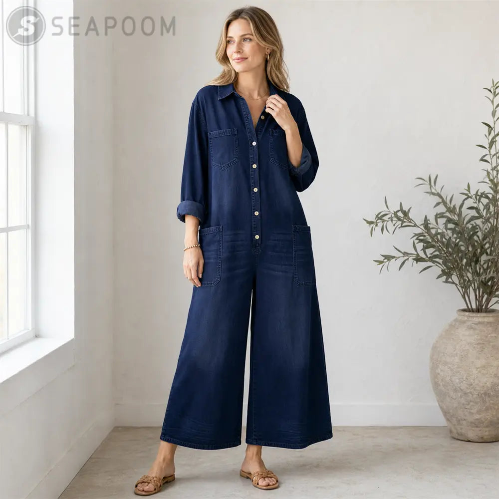 Seapoom Women’s Casual Denim Wide-Leg Jumpsuit with Pockets