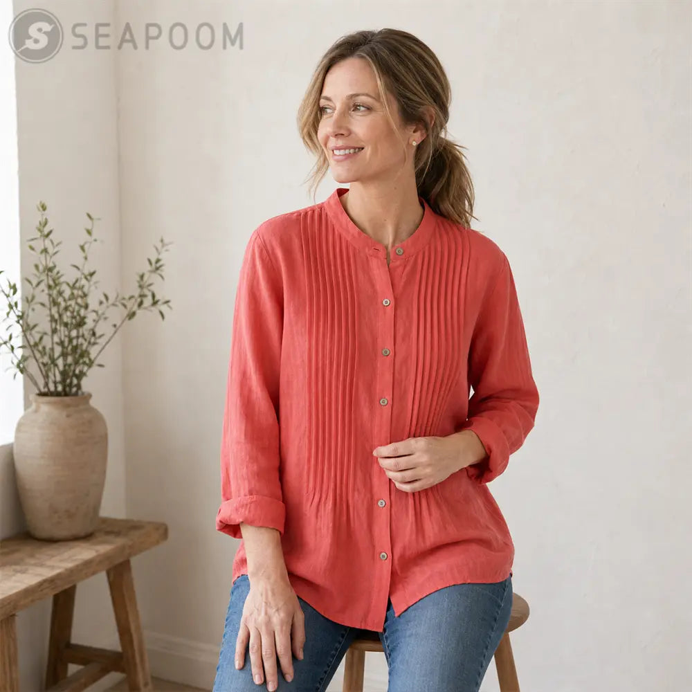 Seapoom Women’s Cotton Button Front Pintuck Blouse