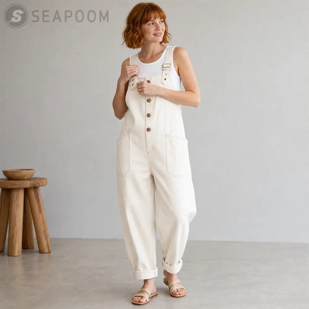 Seapoom Women’s Loose Denim Overall Jumpsuit with Pockets