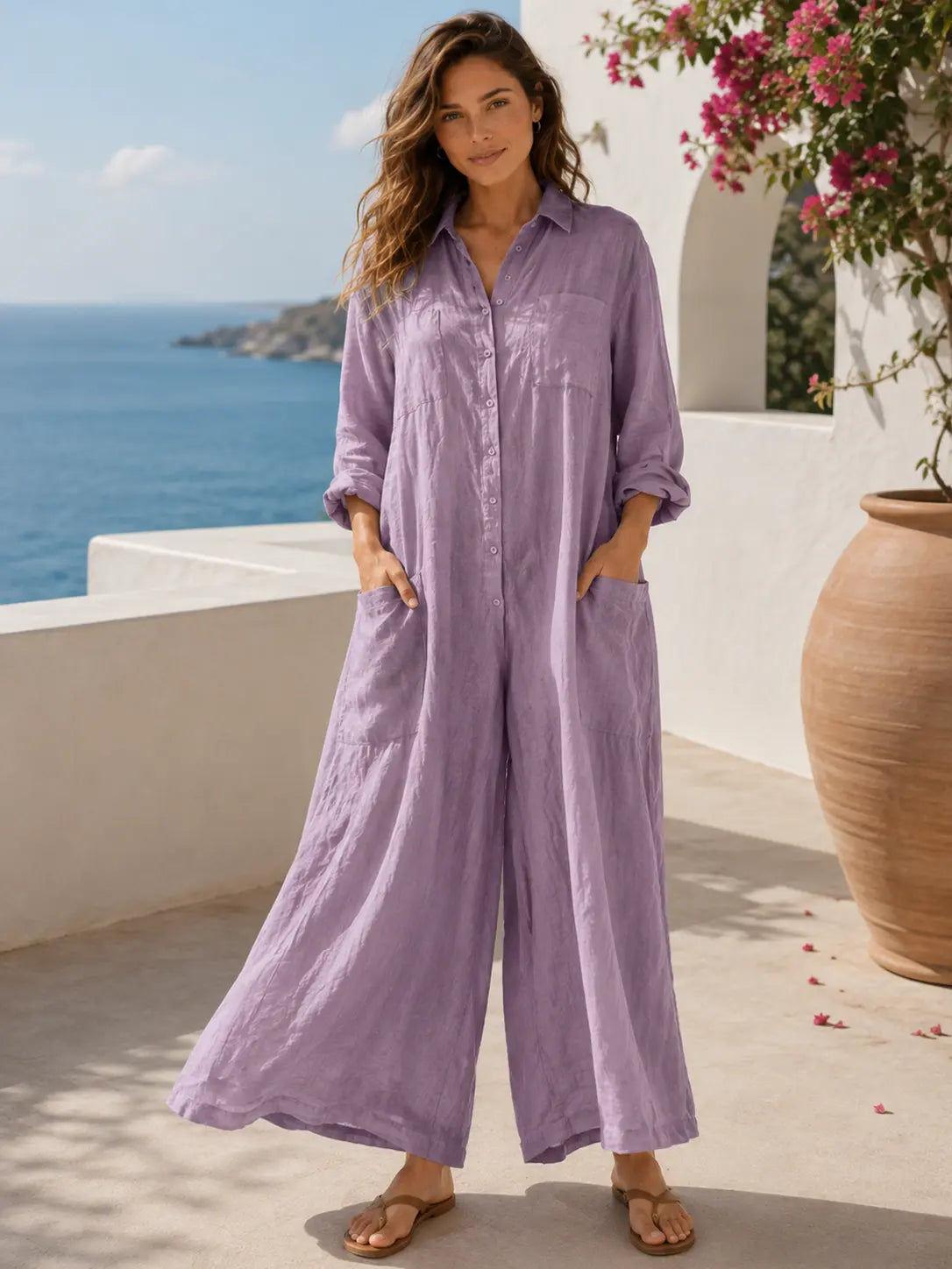 Seapoom Women’s Cotton Linen Button-Down Maxi Shirt Dress with Pockets