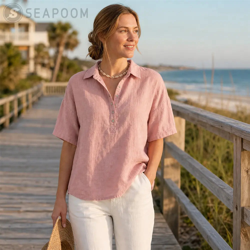 Seapoom Women’s Linen Short Sleeve Polo Top