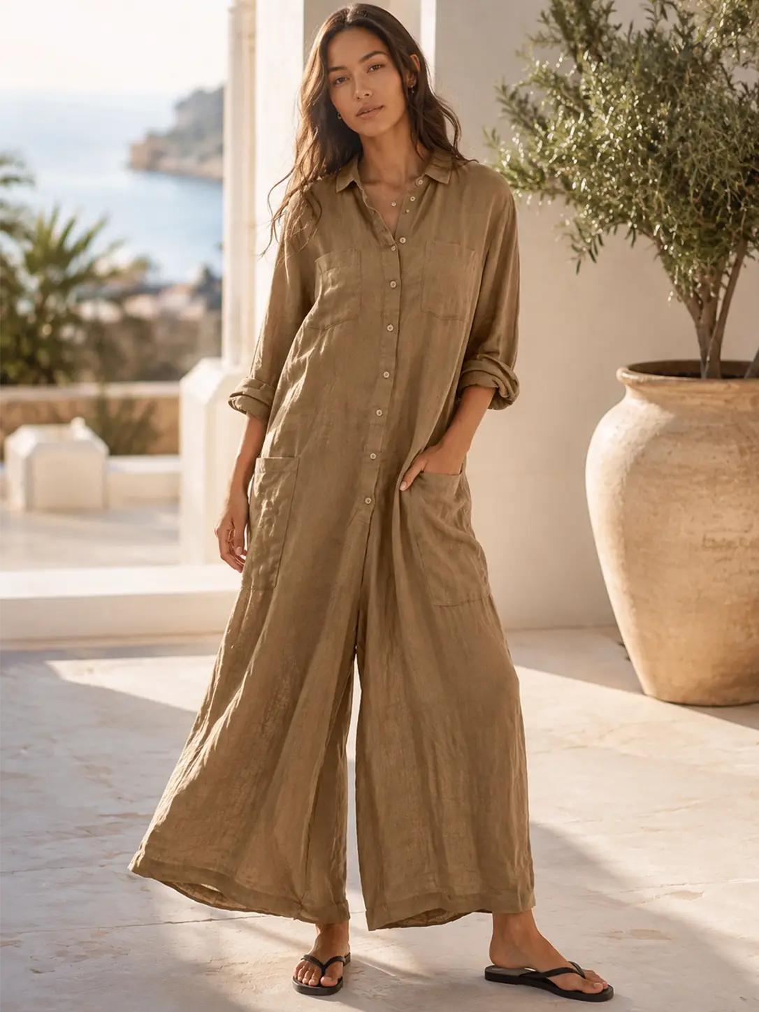 Seapoom Women’s Cotton Linen Button-Down Maxi Shirt Dress with Pockets