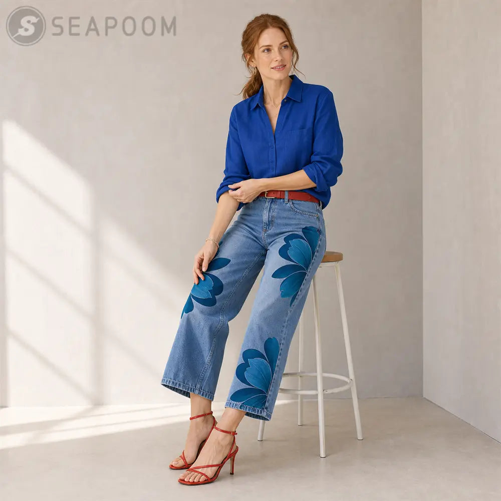 Seapoom Women’s Floral Print Cropped Wide Leg Jeans