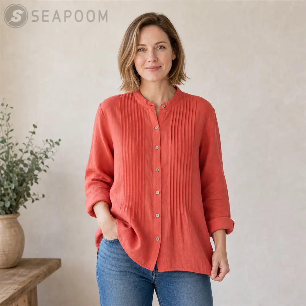 Seapoom Women’s Cotton Button Front Pintuck Blouse