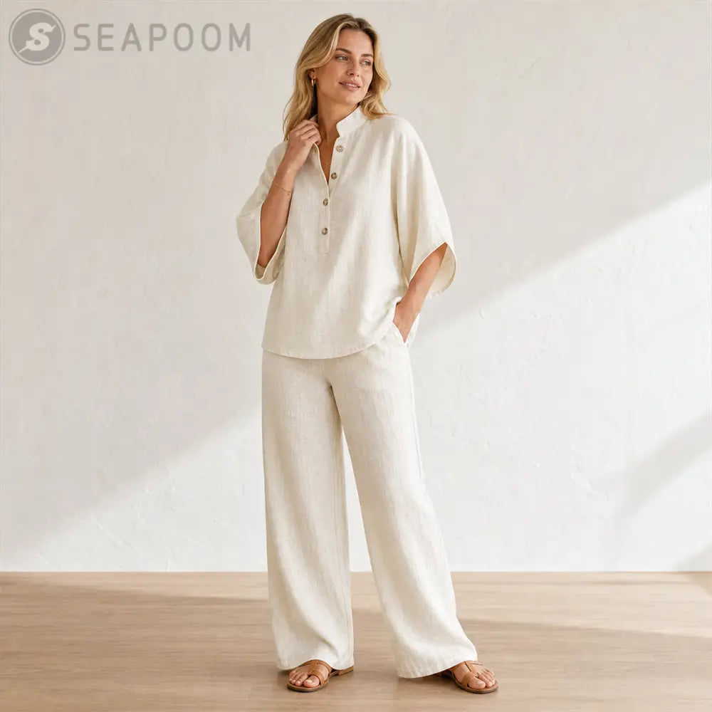 Seapoom Women’s Cotton Linen Two Piece Set - Relaxed Short Sleeve Top & Wide Leg Pants