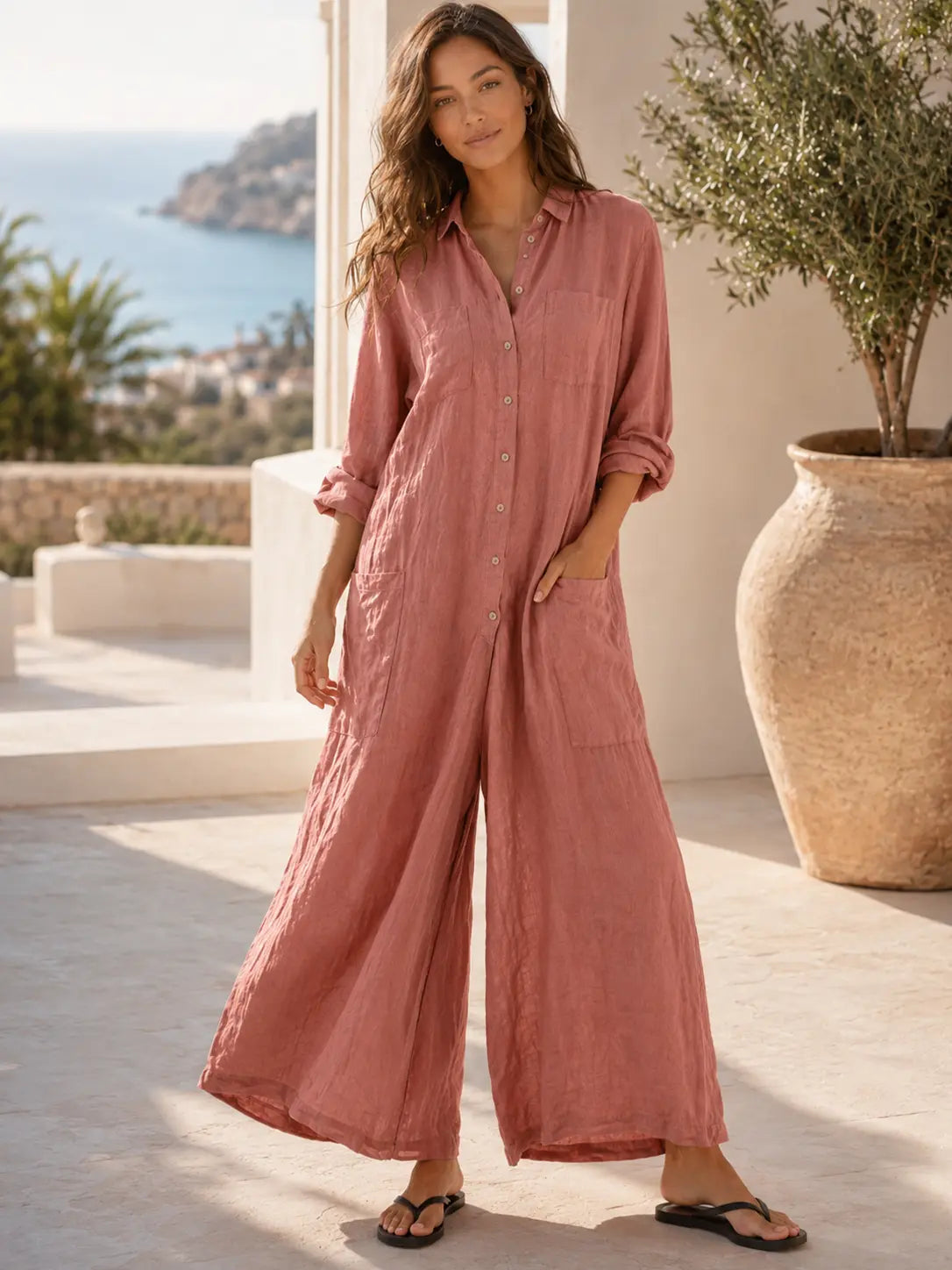 Seapoom Women’s Cotton Linen Button-Down Maxi Shirt Dress with Pockets