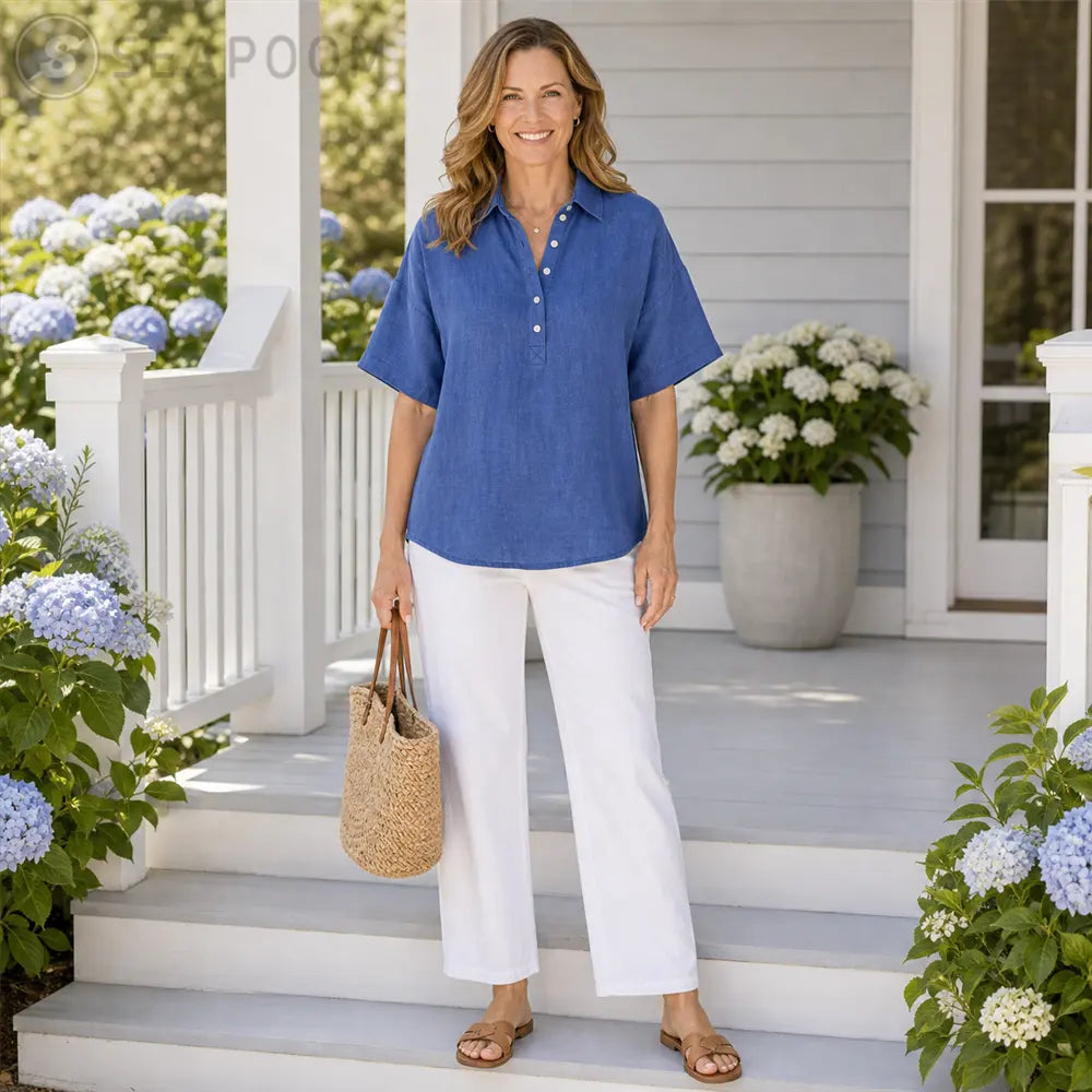 Seapoom Women’s Linen Short Sleeve Polo Top