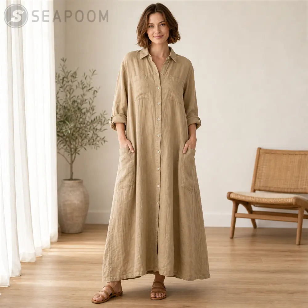 Seapoom Women’s Cotton Linen Button-Down Maxi Shirt Dress with Pockets