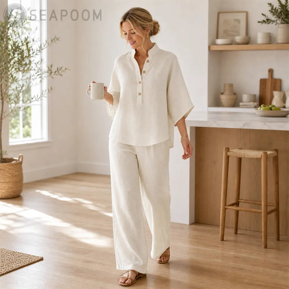 Seapoom Women’s Cotton Linen Two Piece Set - Relaxed Short Sleeve Top & Wide Leg Pants