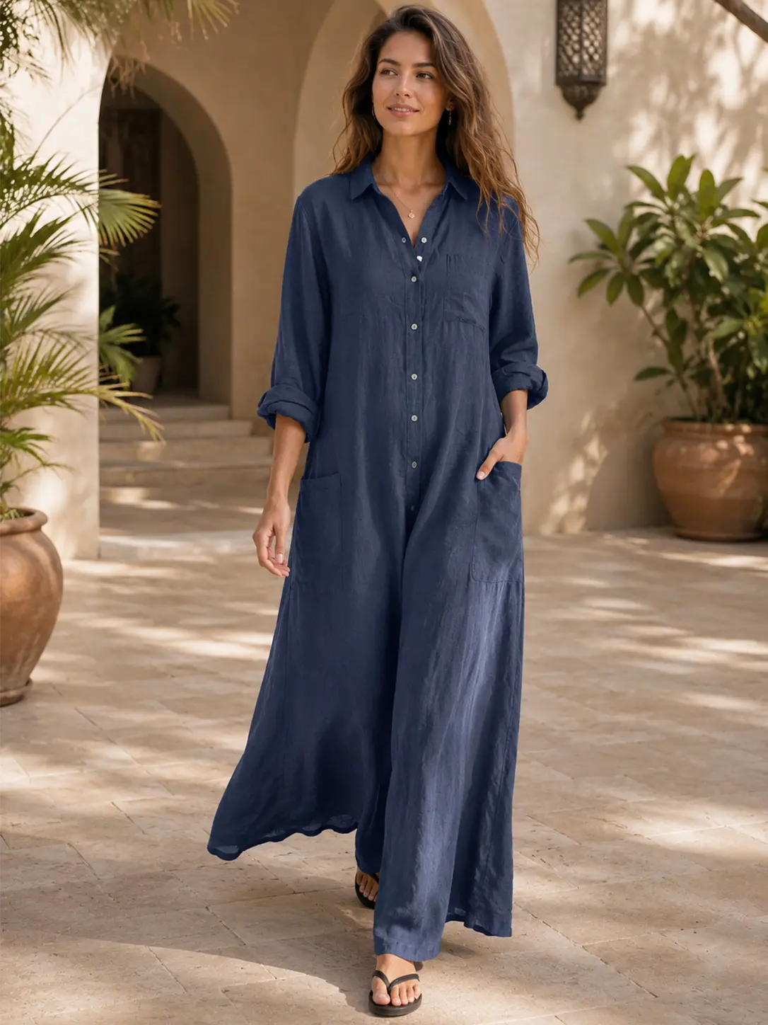 Seapoom Women’s Cotton Linen Button-Down Maxi Shirt Dress with Pockets