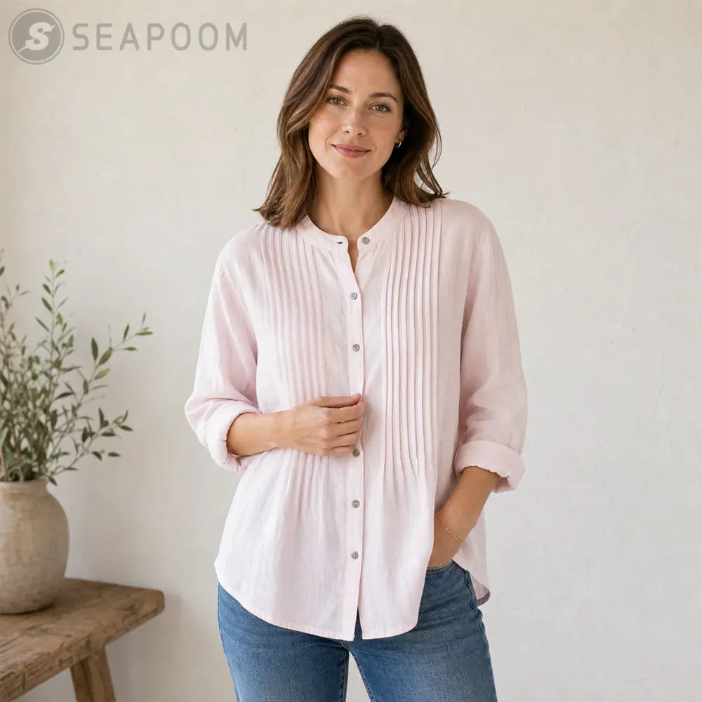 Seapoom Women’s Cotton Button Front Pintuck Blouse