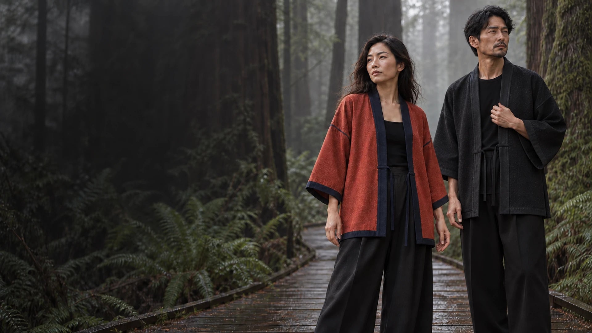 A woman and man wearing Japanese-inspired layers on a quiet forest walkway