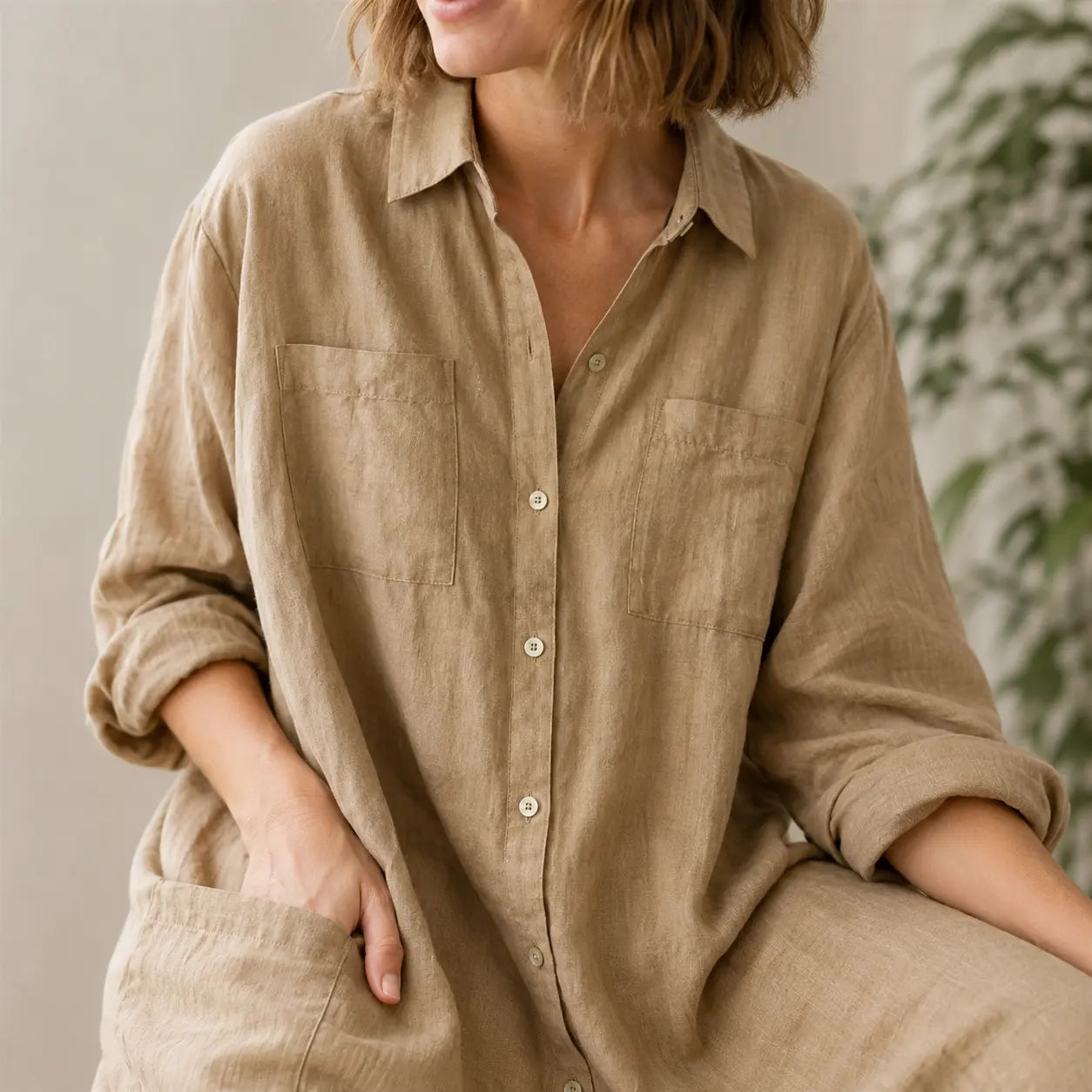 Seapoom Women’s Cotton Linen Button-Down Maxi Shirt Dress with Pockets