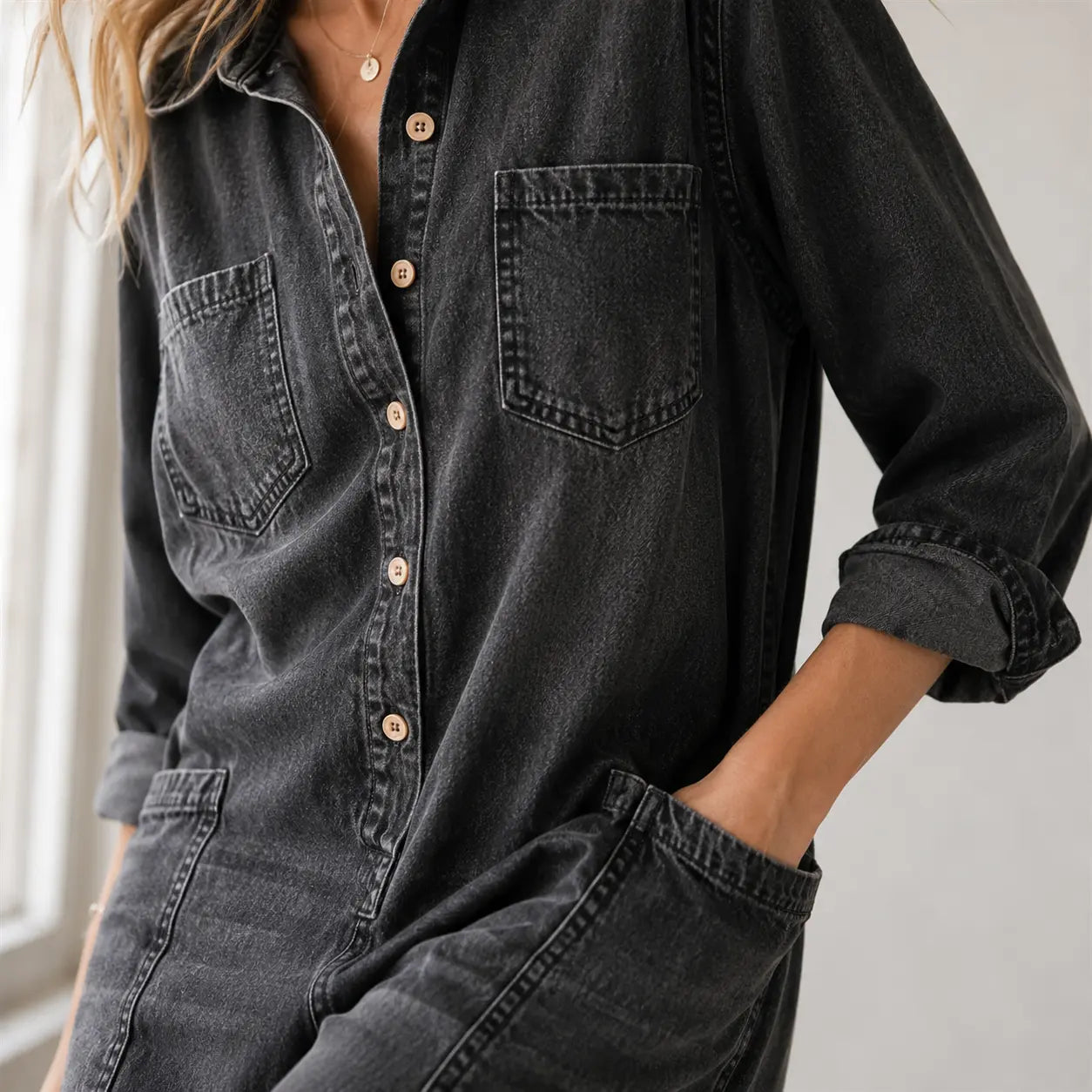 Seapoom Women’s Casual Denim Wide-Leg Jumpsuit with Pockets